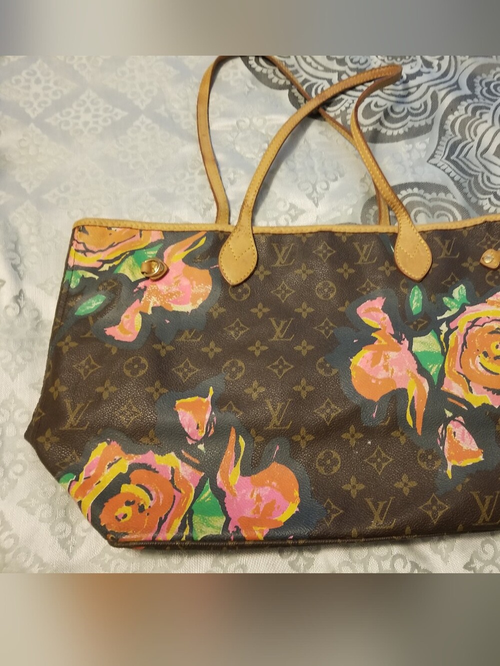 Designer Monogram Floral Canvas Tote in Brown with Pink Accents
